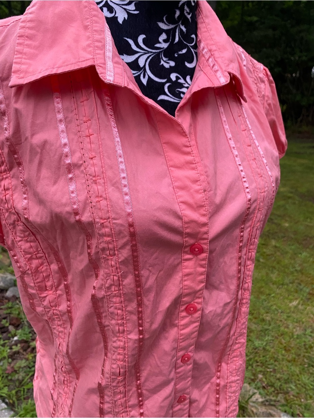 Studio 1940 Coral Pink Ribbon Trim Short-Sleeve Button Up Shirt Size Large - Picture 12 of 16